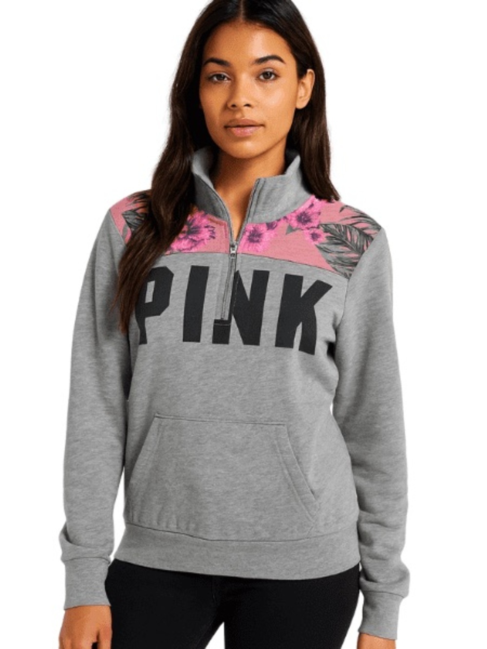 VS PINK Gray Hibiscus floral quarter zip fleece sweatshirt M